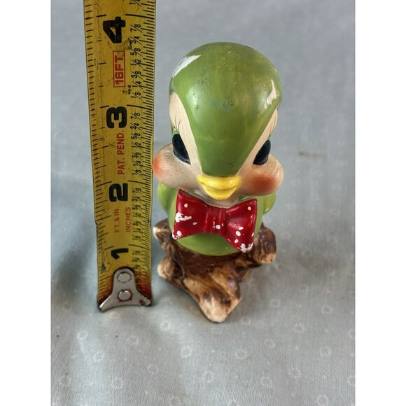 VTG Arnart Japan Budgie Bird Shaker Figurine Green w Red Bow Porcelain Collector - Picture 3 of 8